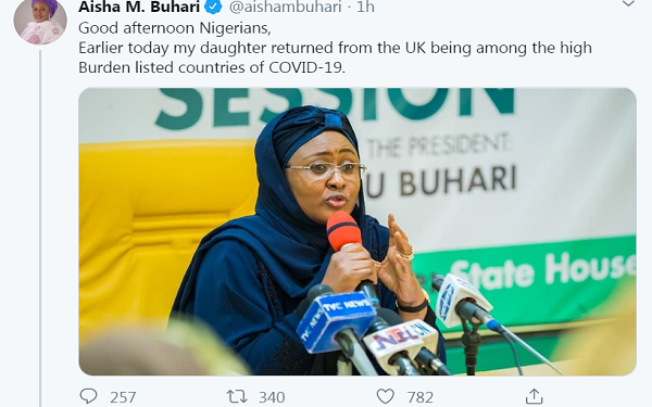 COVID-19: Buhari’s daughter in self-isolation after UK trip